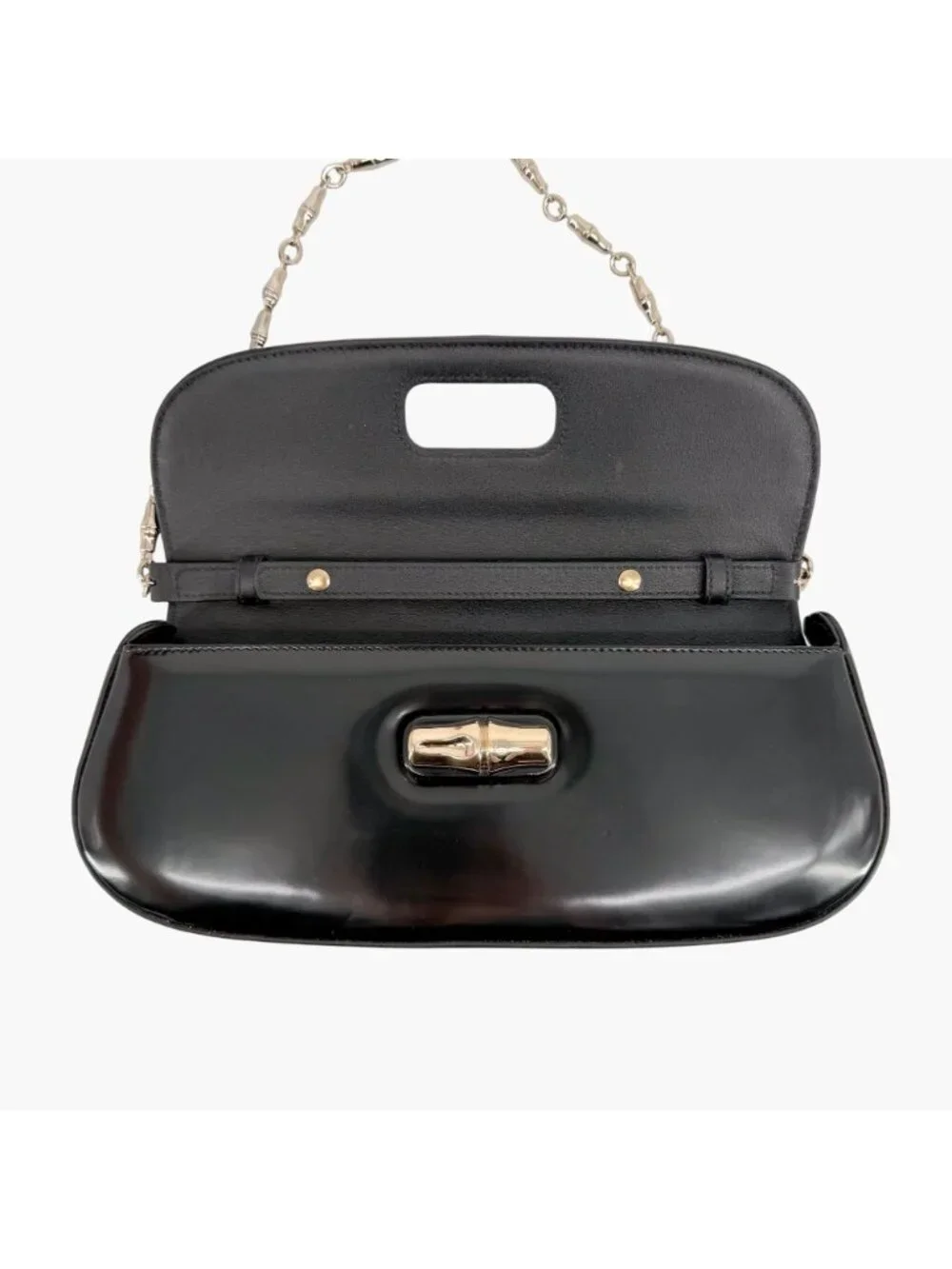 Gucci Bamboo Night Chain Turnlock Shoulder Bag Clutch Black Leather Small - Picture 11 of 15